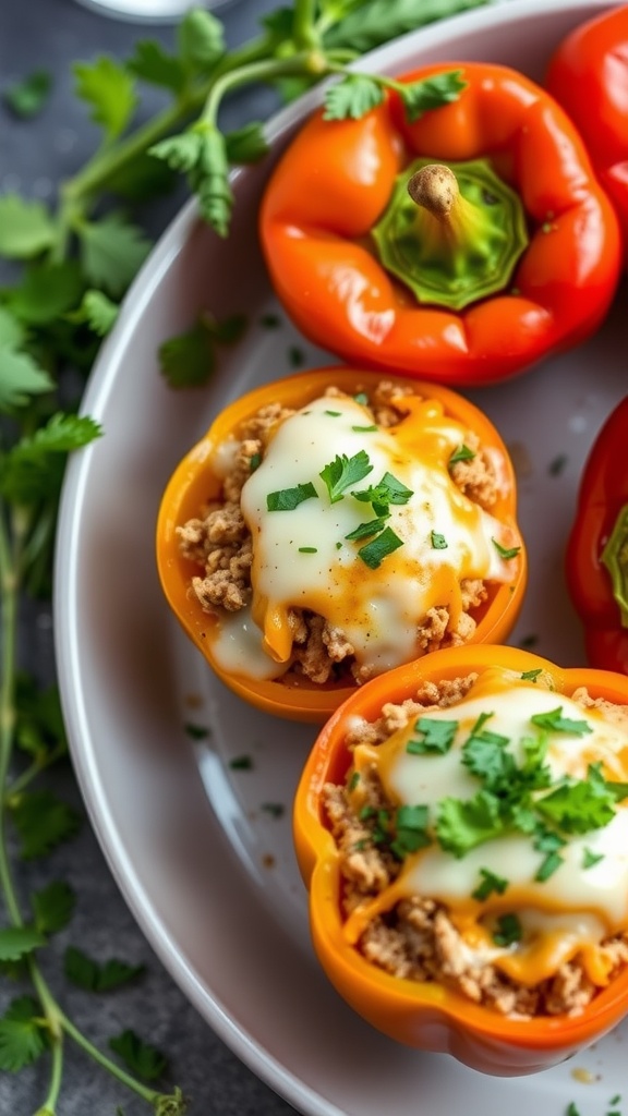 Stuffed bell peppers filled with ground turkey and topped with cheese and herbs.