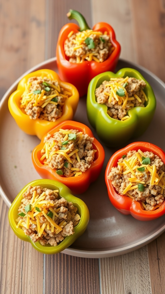 Colorful stuffed bell peppers with ground turkey and cheese on a grill.