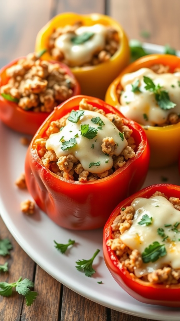 Colorful stuffed bell peppers filled with ground turkey and vegetables