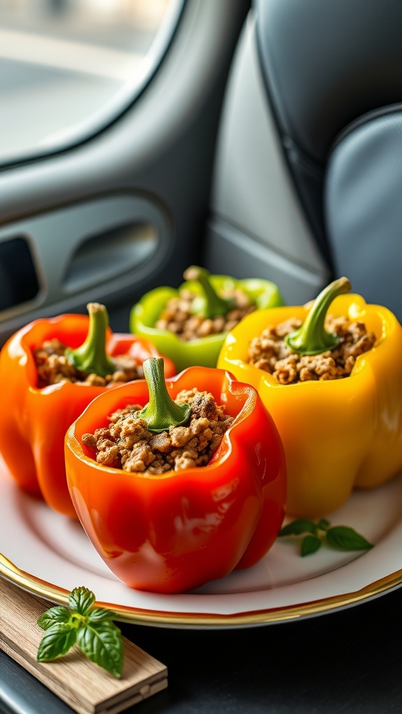 Stuffed bell peppers with ground turkey on a plate in a car