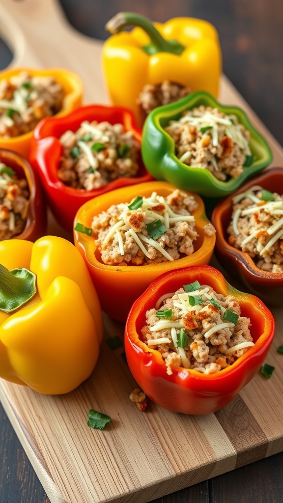 A variety of stuffed bell peppers filled with ground turkey and cheese on a wooden cutting board.