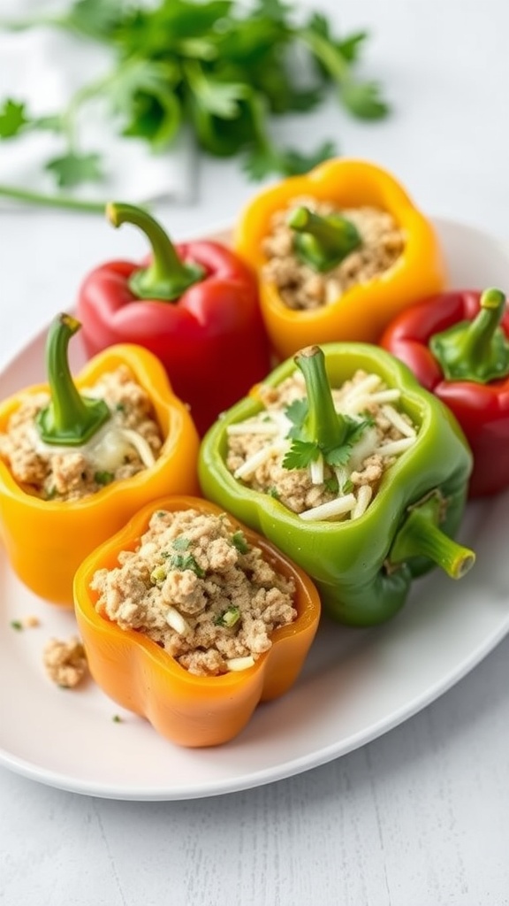 Colorful stuffed bell peppers filled with ground turkey and cheese on a white plate.