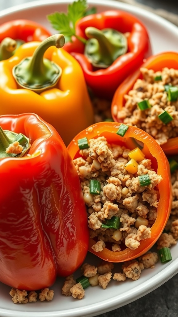 Stuffed bell peppers filled with ground turkey and garnished with green onions.