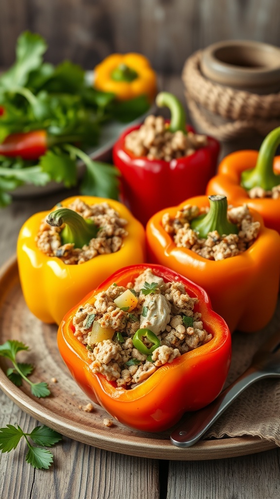 Stuffed bell peppers filled with ground turkey, garnished with fresh herbs.