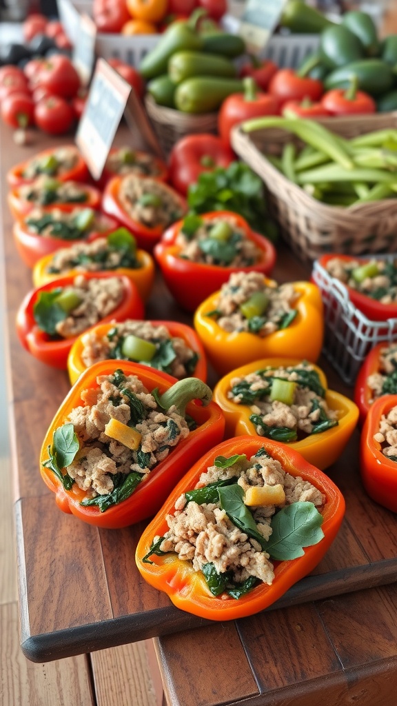 Stuffed bell peppers with ground turkey and spinach on a wooden table, surrounded by fresh vegetables.