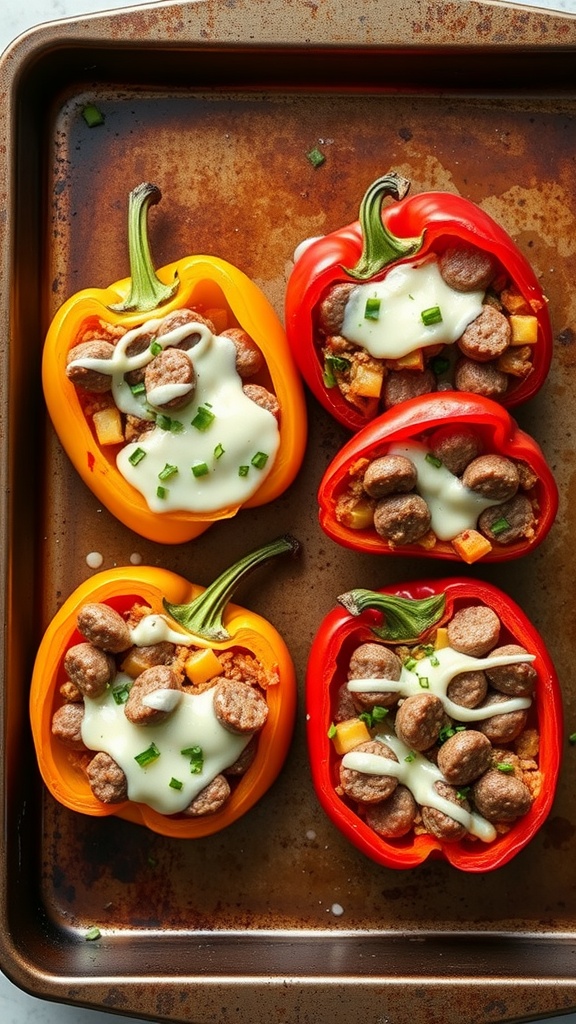 Stuffed bell peppers filled with Italian sausage, cheese, and vegetables on a baking tray.