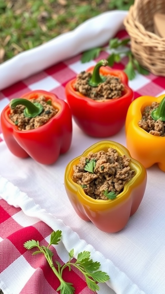 Stuffed bell peppers with meat on a picnic blanket