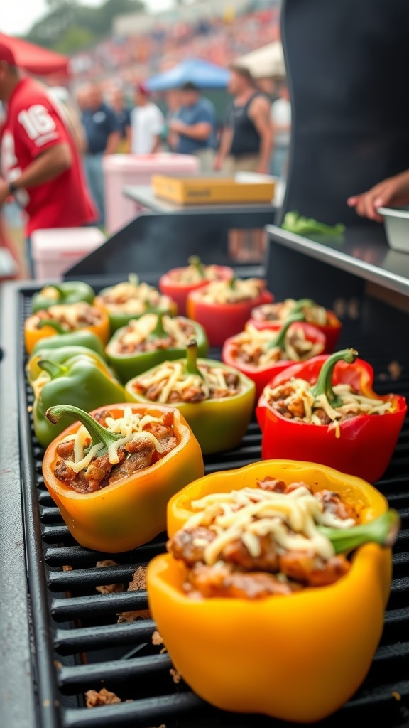 Stuffed bell peppers on a grill filled with meat and cheese