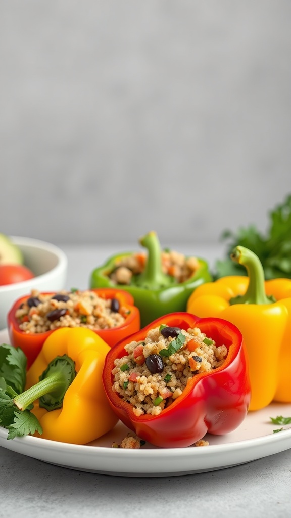 A plate of stuffed bell peppers filled with quinoa and colorful vegetables.