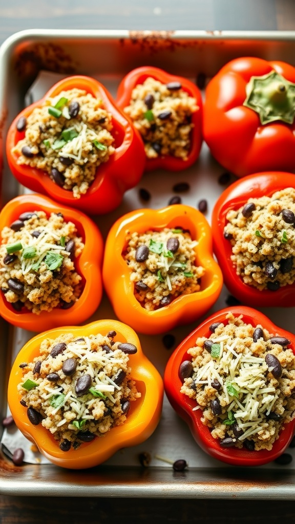 Colorful stuffed bell peppers with quinoa, black beans, and cheese.