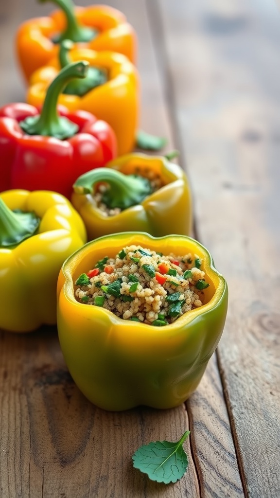 Stuffed bell peppers filled with quinoa and spinach, arranged on a wooden table.