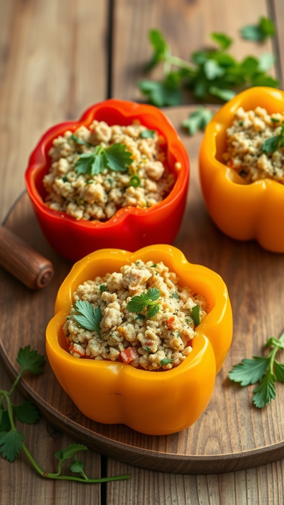 Stuffed bell peppers filled with quinoa and turkey on a wooden surface