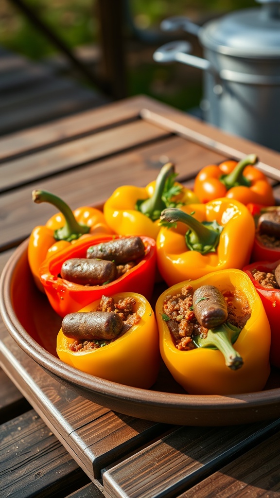 Colorful stuffed bell peppers with sausage on a wooden table