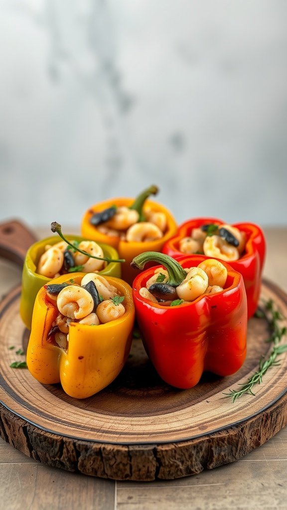 Colorful stuffed bell peppers filled with seafood on a wooden platter.