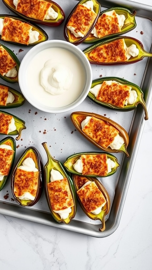 A tray of stuffed jalapeños with cream cheese and a small bowl of sour cream on the side.
