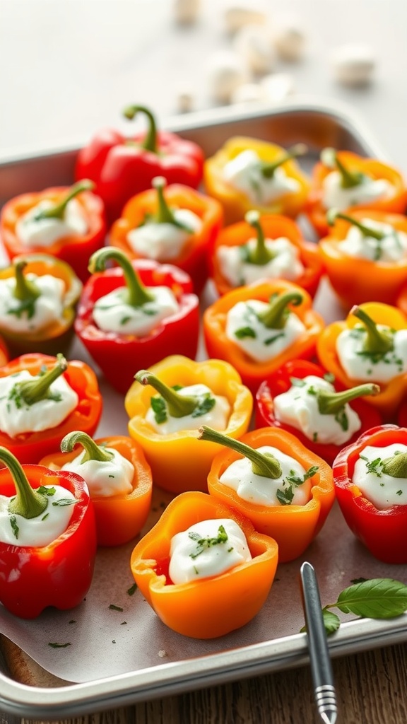 A tray of stuffed mini bell peppers filled with creamy dip and garnished with herbs.