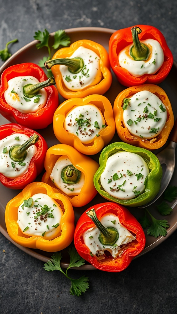 A plate of stuffed mini bell peppers filled with cream and herbs.