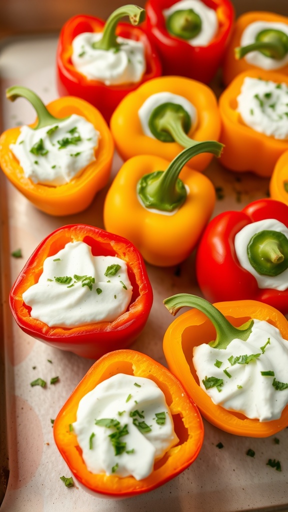 A tray of stuffed mini bell peppers filled with cream cheese and topped with herbs.