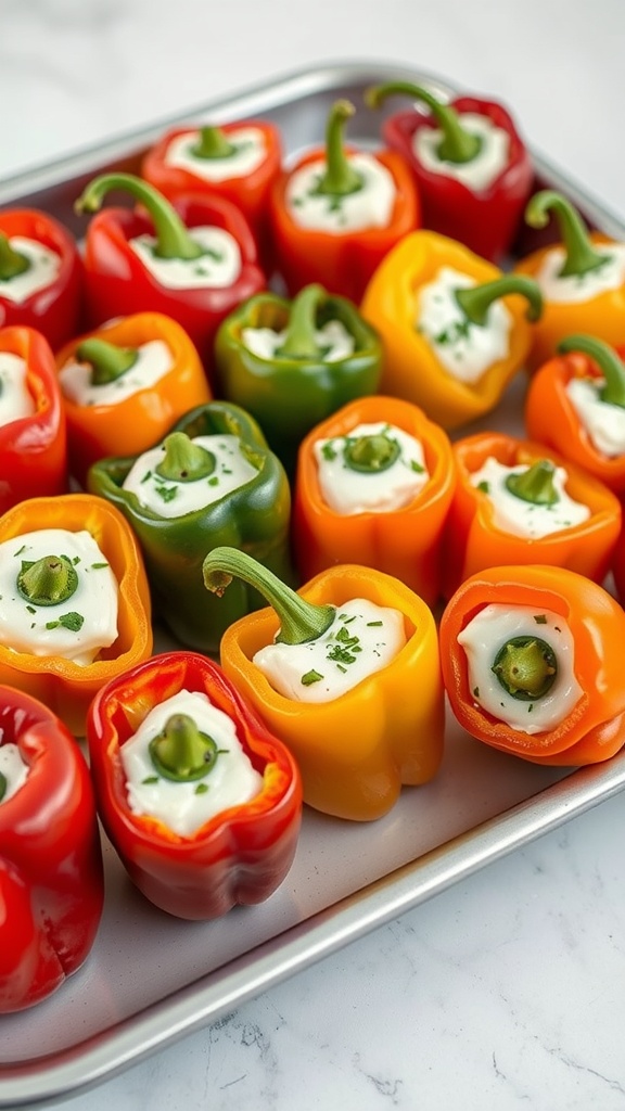 A tray of assorted stuffed mini bell peppers filled with creamy toppings.