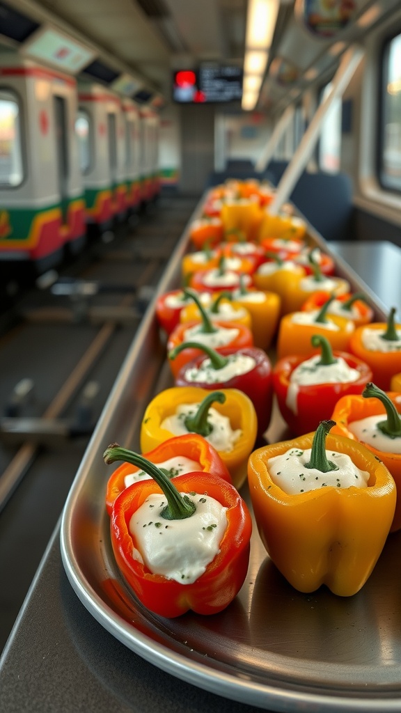 A tray of stuffed mini bell peppers on a train