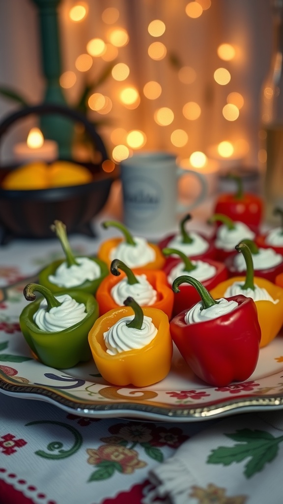 A plate of colorful stuffed mini peppers filled with cream cheese.