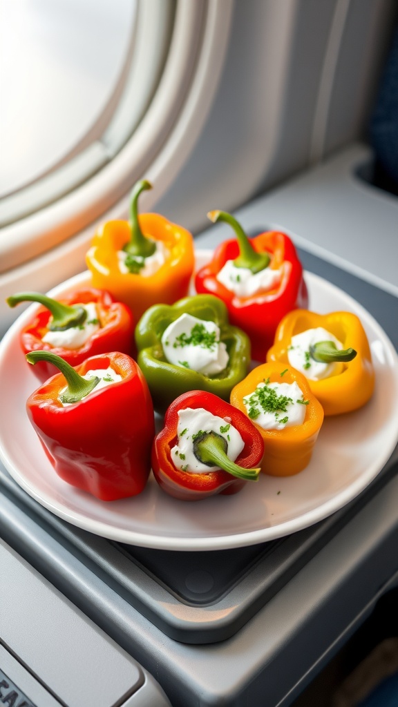 A plate of stuffed mini peppers in red, yellow, and green with cream cheese filling on an airplane tray.