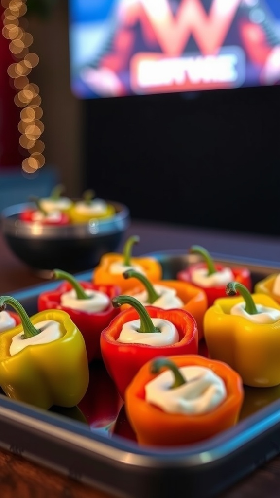 A tray of colorful stuffed mini peppers topped with creamy filling.