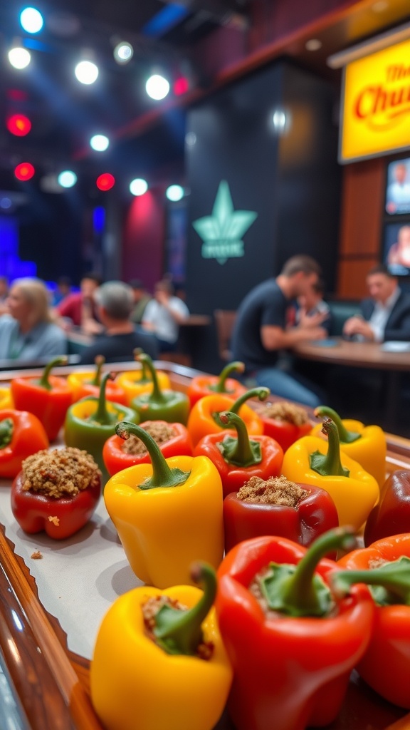 A platter of stuffed mini peppers on a table at a concert venue