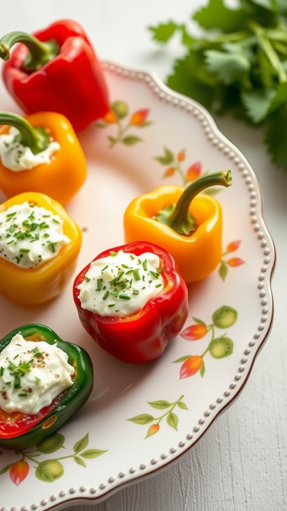 A plate of stuffed mini peppers in various colors topped with herbs