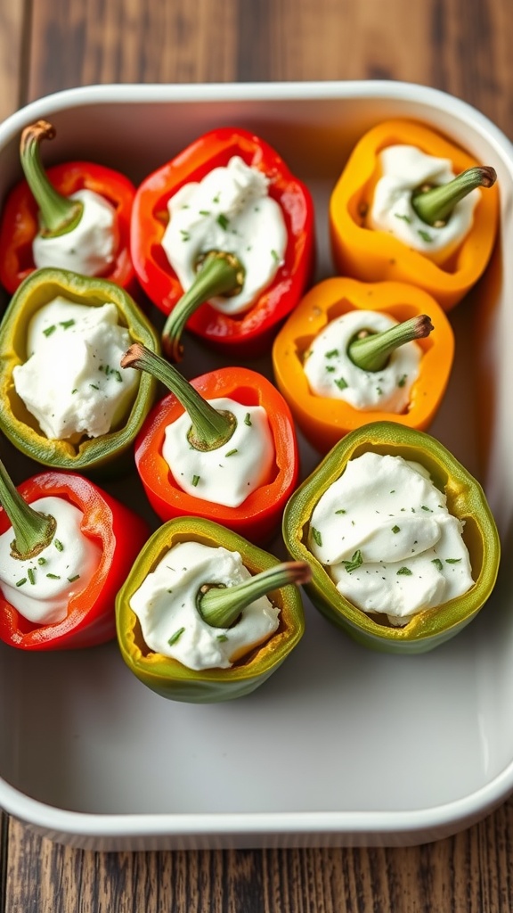 A variety of stuffed mini peppers filled with cream cheese and herbs.