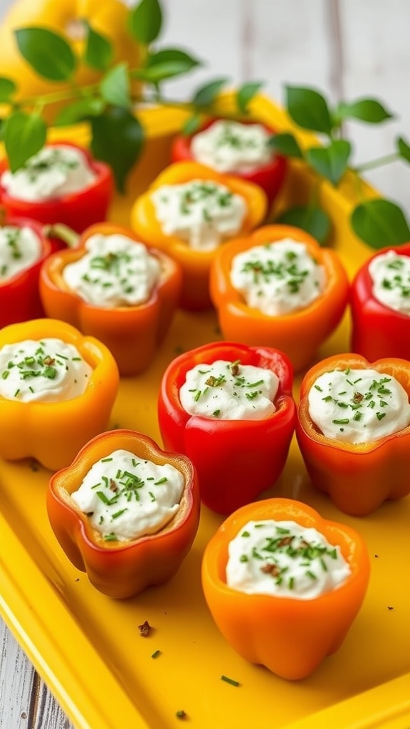 A platter of stuffed mini peppers filled with a creamy mixture and topped with herbs.