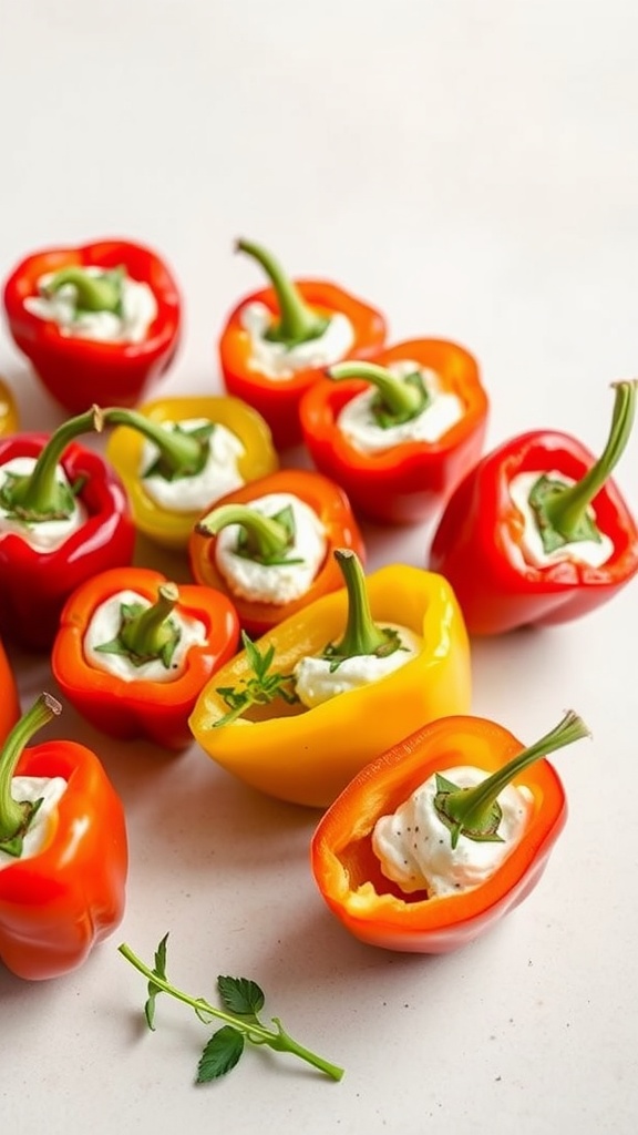 A variety of stuffed mini peppers filled with creamy filling and garnished with herbs.