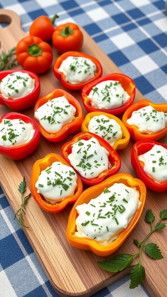 Stuffed mini peppers filled with cream cheese and topped with herbs on a wooden board.