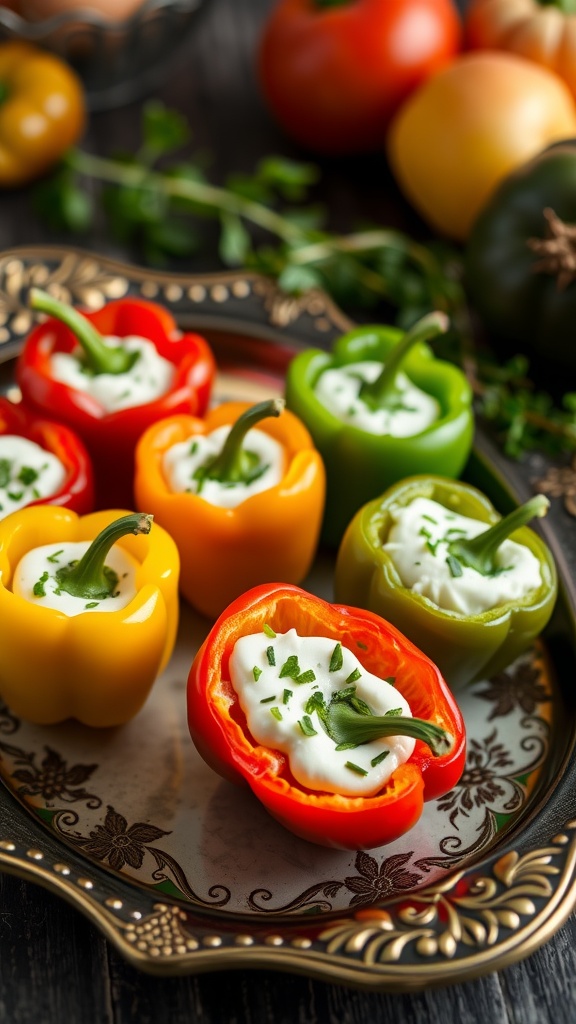 Colorful stuffed mini peppers filled with cream cheese and topped with herbs, arranged on a decorative plate.