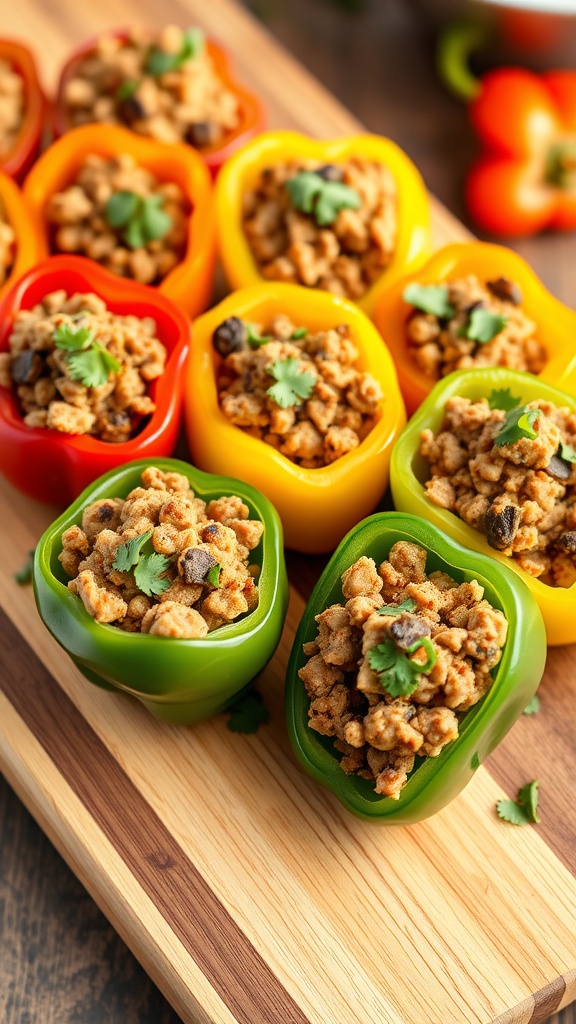 Colorful mini peppers stuffed with ground turkey on a wooden platter.