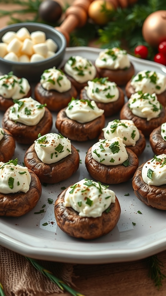 A platter of delicious stuffed mushrooms topped with cream cheese and herbs.