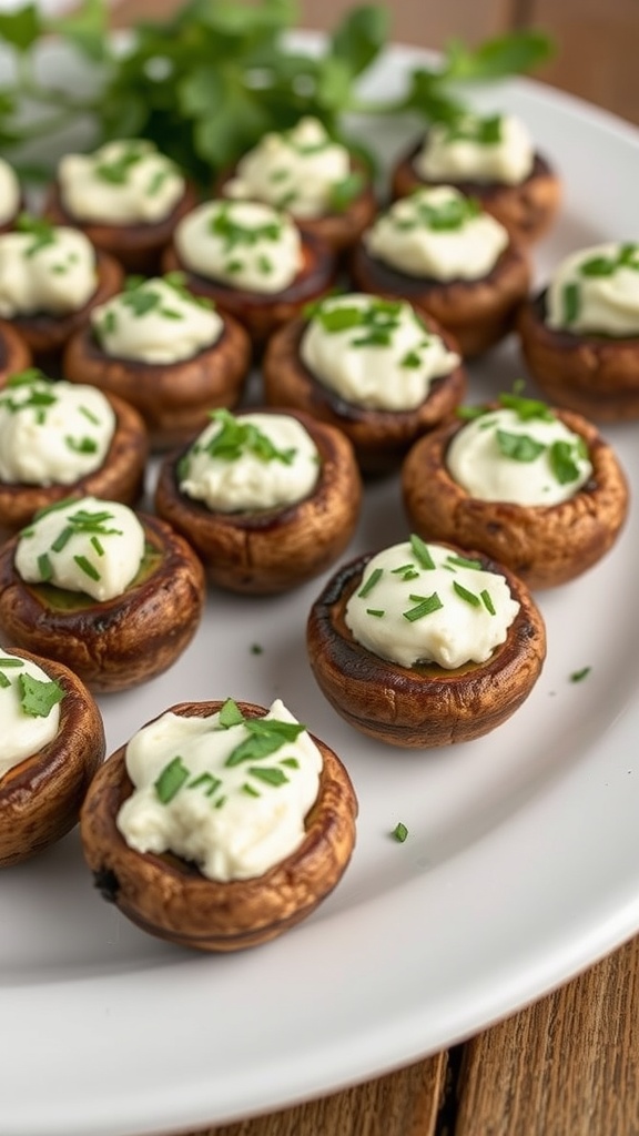 A plate of stuffed mushrooms with cream cheese and herbs.