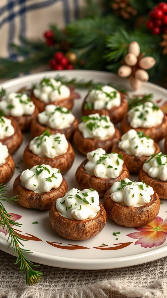 A plate of stuffed mushrooms topped with cream cheese and herbs, set against a festive background.