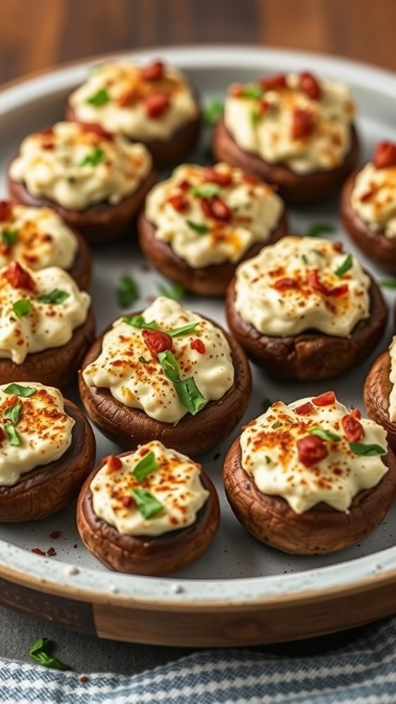 A tray of stuffed mushrooms topped with cream cheese, herbs, and spices.