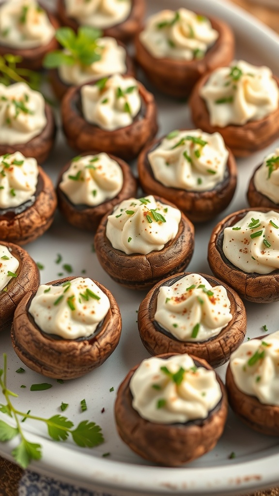 A plate of stuffed mushrooms filled with cream cheese and garnished with herbs.