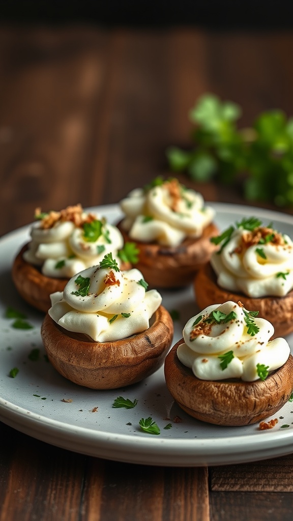 A plate of stuffed mushrooms topped with cream cheese and herbs