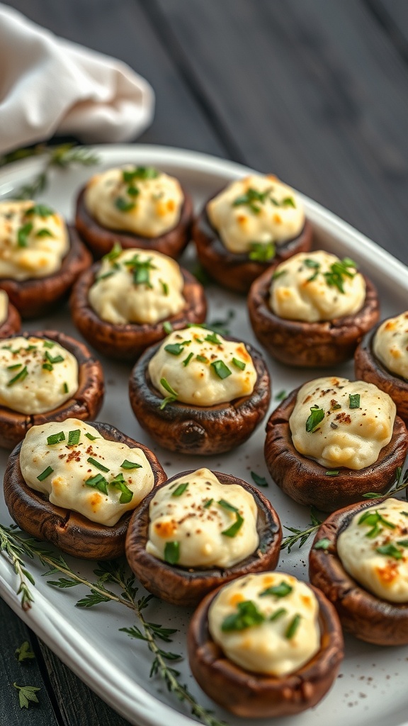 A platter of stuffed mushrooms with cream cheese and herbs.