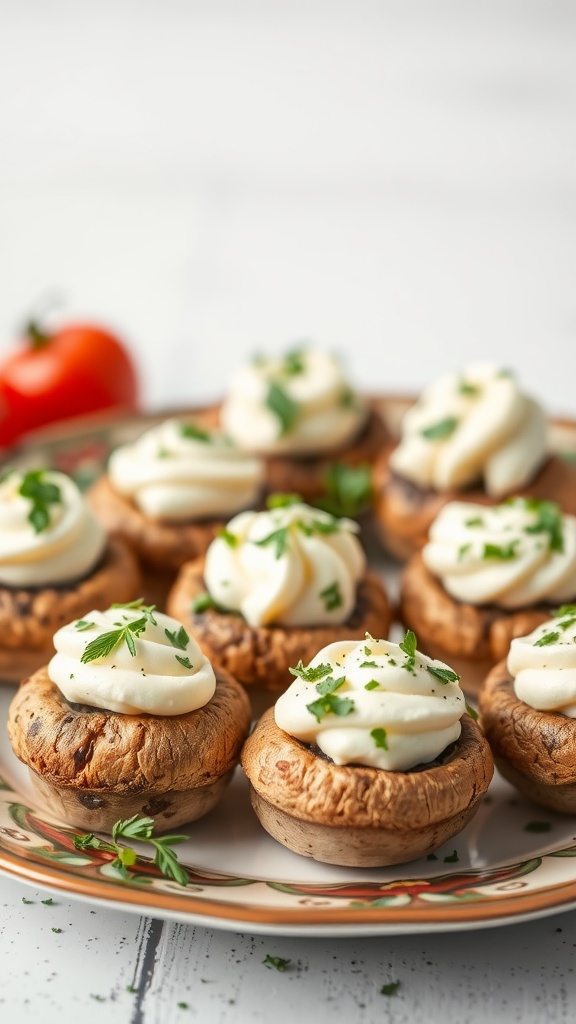 A plate of stuffed mushrooms topped with cream cheese and herbs