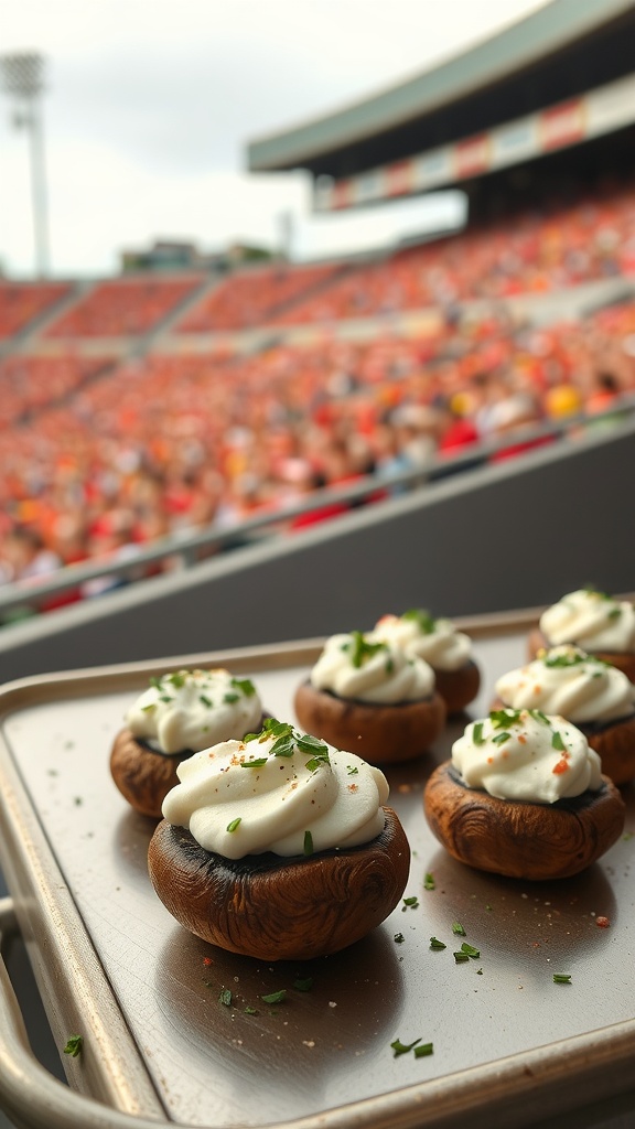 A tray of stuffed mushrooms topped with cream cheese and herbs, set against the backdrop of a sports stadium.