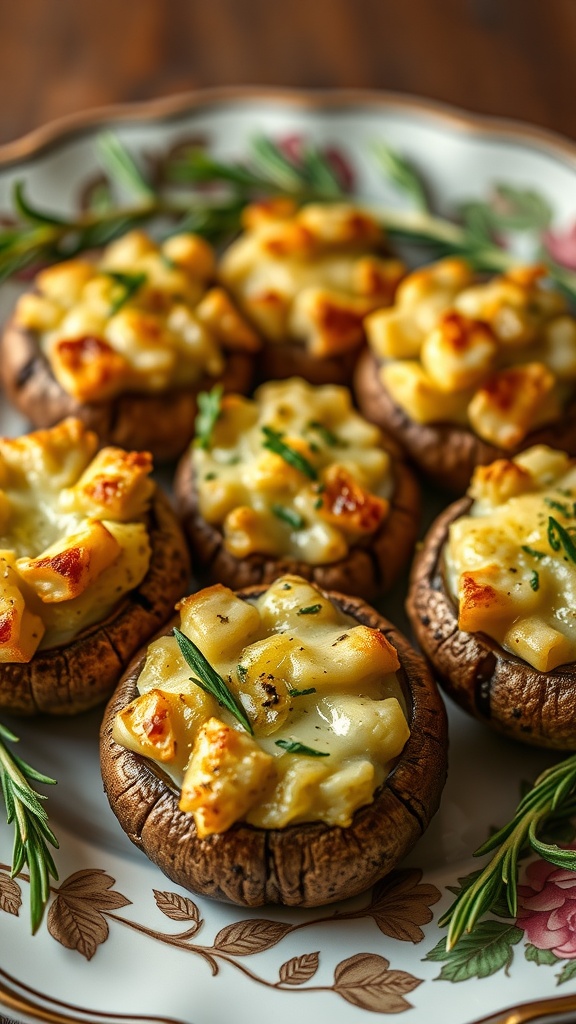 A plate of stuffed mushrooms with garlic cheese, garnished with herbs.