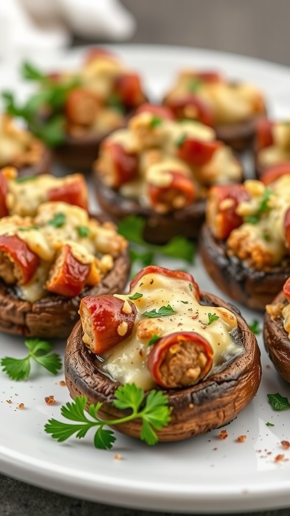 A plate of stuffed mushrooms filled with sausage and melted cheese, garnished with parsley.