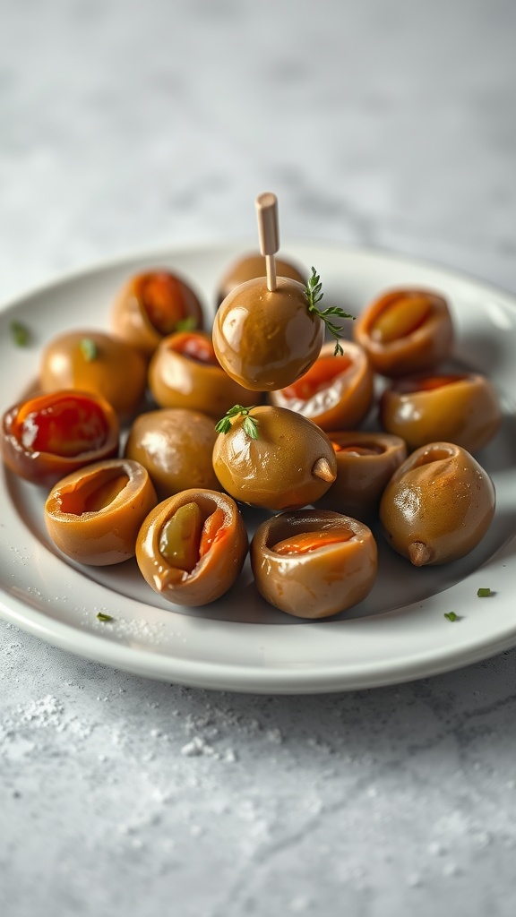 A plate of stuffed olives, showcasing a variety of fillings, garnished with herbs.