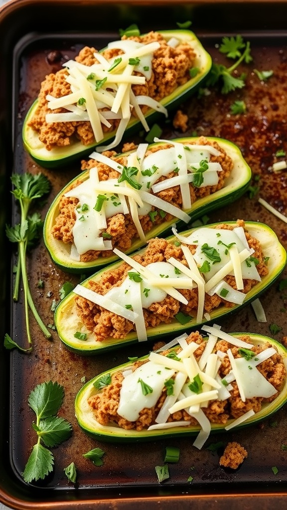 Four stuffed zucchini boats topped with cheese and herbs on a baking tray.