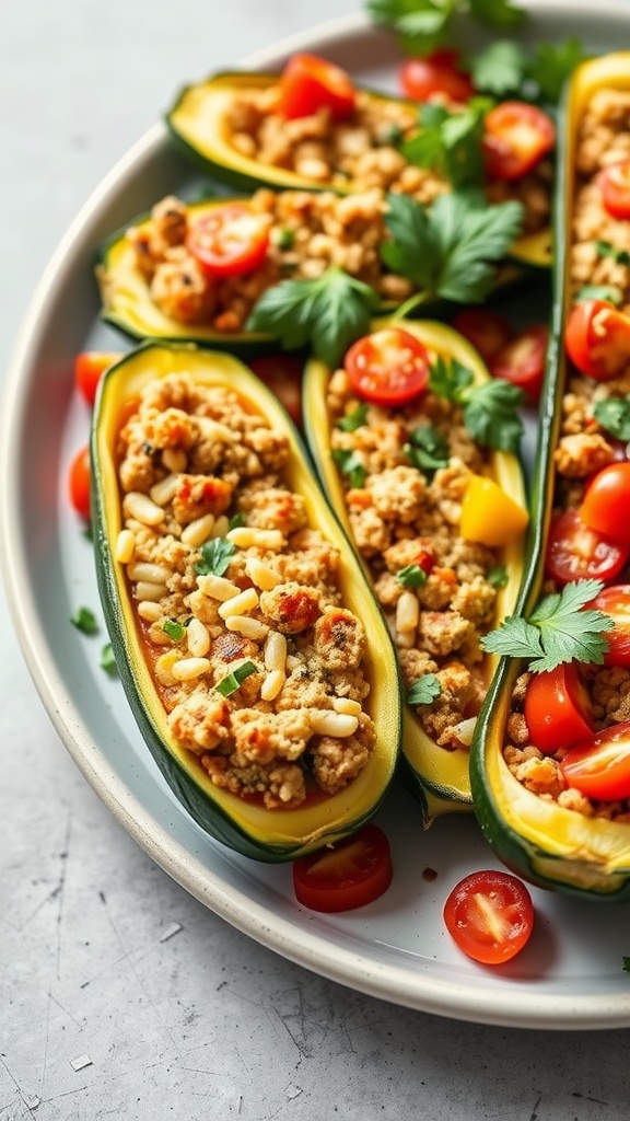 Delicious stuffed zucchini boats topped with tomatoes and herbs