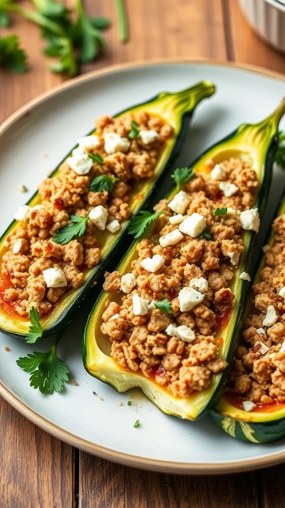 Three stuffed zucchinis filled with ground turkey and feta, garnished with herbs on a wooden table.